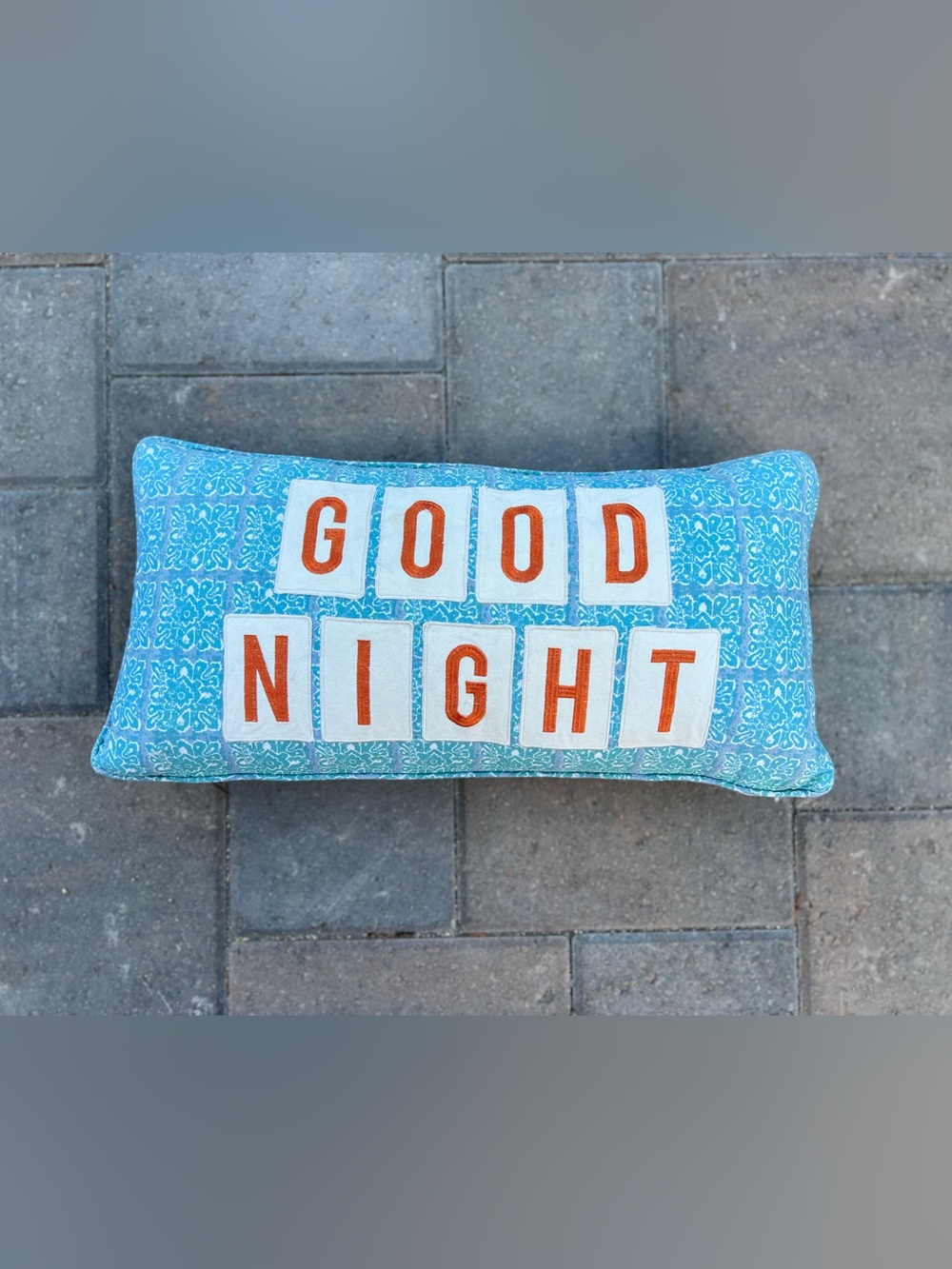 Good Night Appliqué Block Print Lumbar Pillow 11x22" Blue Teal Floral Embroidery